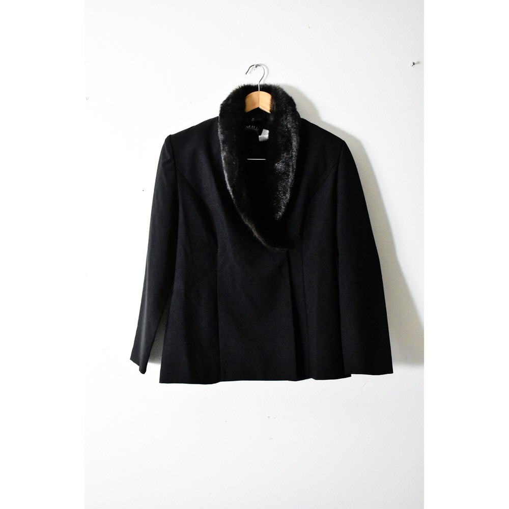 Melissa‎ Harper Blazer Jacket Womens 8 Black Y2K Faux Fur Shawl Collar Glam Luxe